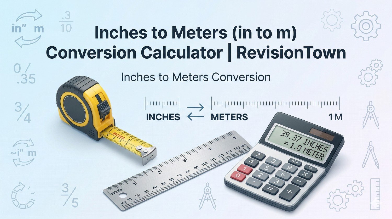 Inches to meters conversion calculator illustration showing ruler, calculator, and metric scale — educational banner for RevisionTown blog.