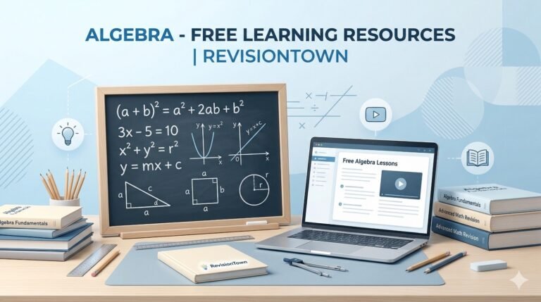 Algebra learning concept image showing math equations and digital study tools for RevisionTown’s free algebra resources.