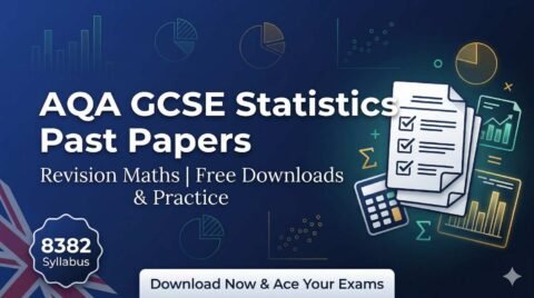 A professional banner for AQA GCSE Statistics past papers and revision maths, featuring graphs, exam sheets, and bold title on blue gradient background.