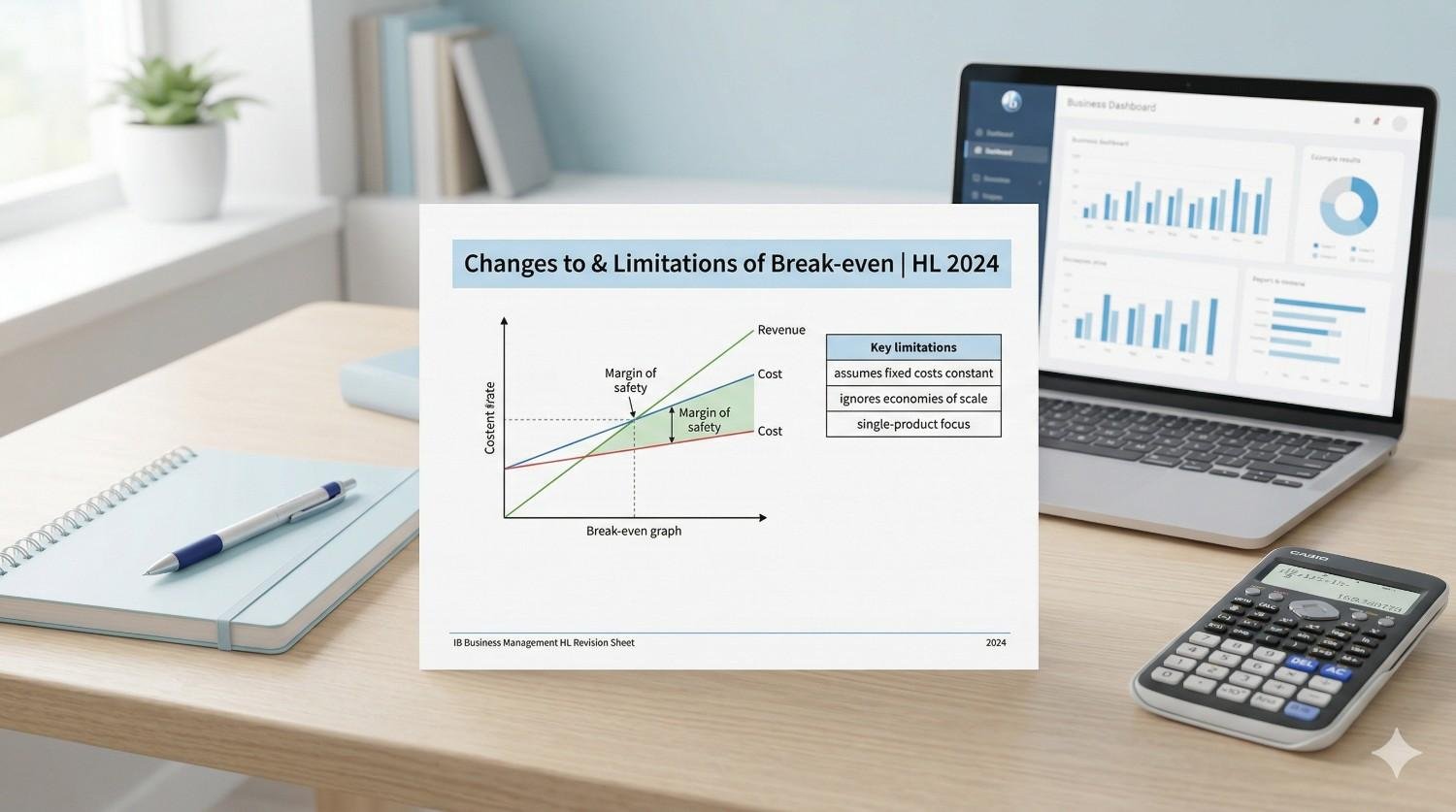 HL IB Business Management revision sheet showing break‑even graph and limitations of break‑even analysis for 2024 syllabus.