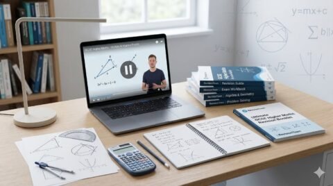 Student studying higher maths with laptop and booklet for GCSE revision by RevisionTown.