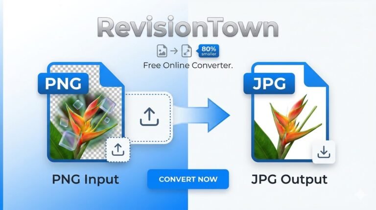 Professional PNG to JPG converter graphic showing input-output transformation for RevisionTown tool.