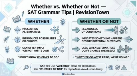 Grammar guide image explaining the difference between “whether” and “whether or not” for SAT English prep on RevisionTown.