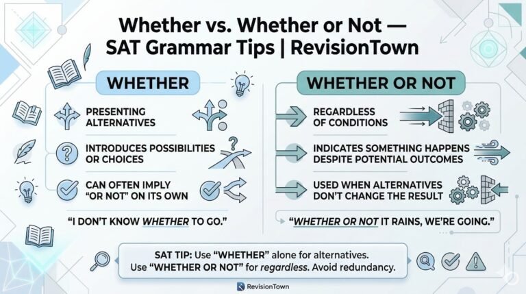 Grammar guide image explaining the difference between “whether” and “whether or not” for SAT English prep on RevisionTown.