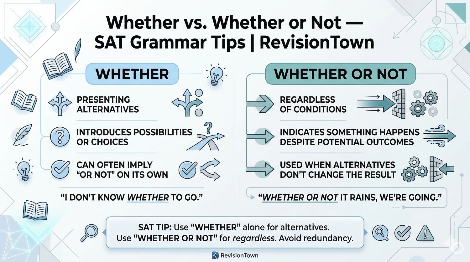 Grammar guide image explaining the difference between “whether” and “whether or not” for SAT English prep on RevisionTown.