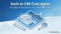 Inch to centimeter calculator showing 5 inches = 12.7 cm conversion, free online tool by RevisionTown.
