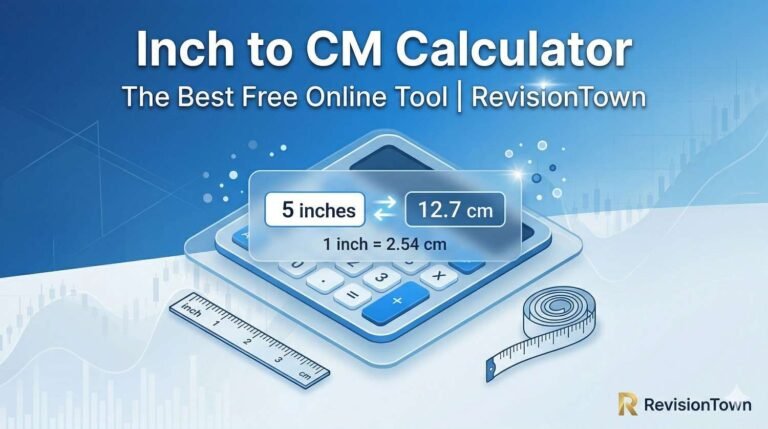Inch to centimeter calculator showing 5 inches = 12.7 cm conversion, free online tool by RevisionTown.