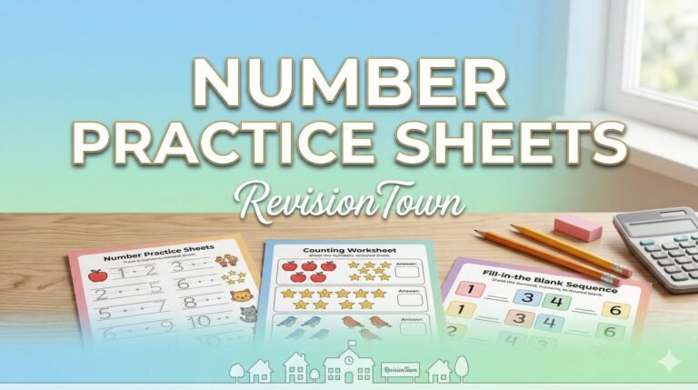 Number practice sheets for kids with tracing and counting activities at RevisionTown.
