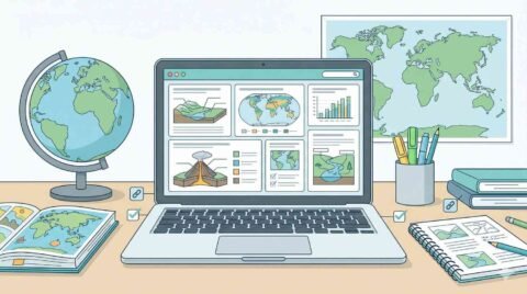 Geography homework and SQA past papers revision banner showing laptop, world map and study stationery for RevisionTown