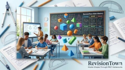 Geometric shapes in 3D on chalkboard with students doing PRET math homeworks at RevisionTown, 120 characters.