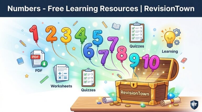 Animated numbers 1-10 from RevisionTown treasure chest with free PDFs quizzes worksheets for math learning