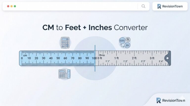 CM to Feet and Inches Converter feature image showing metric to imperial measurement conversion for RevisionTown