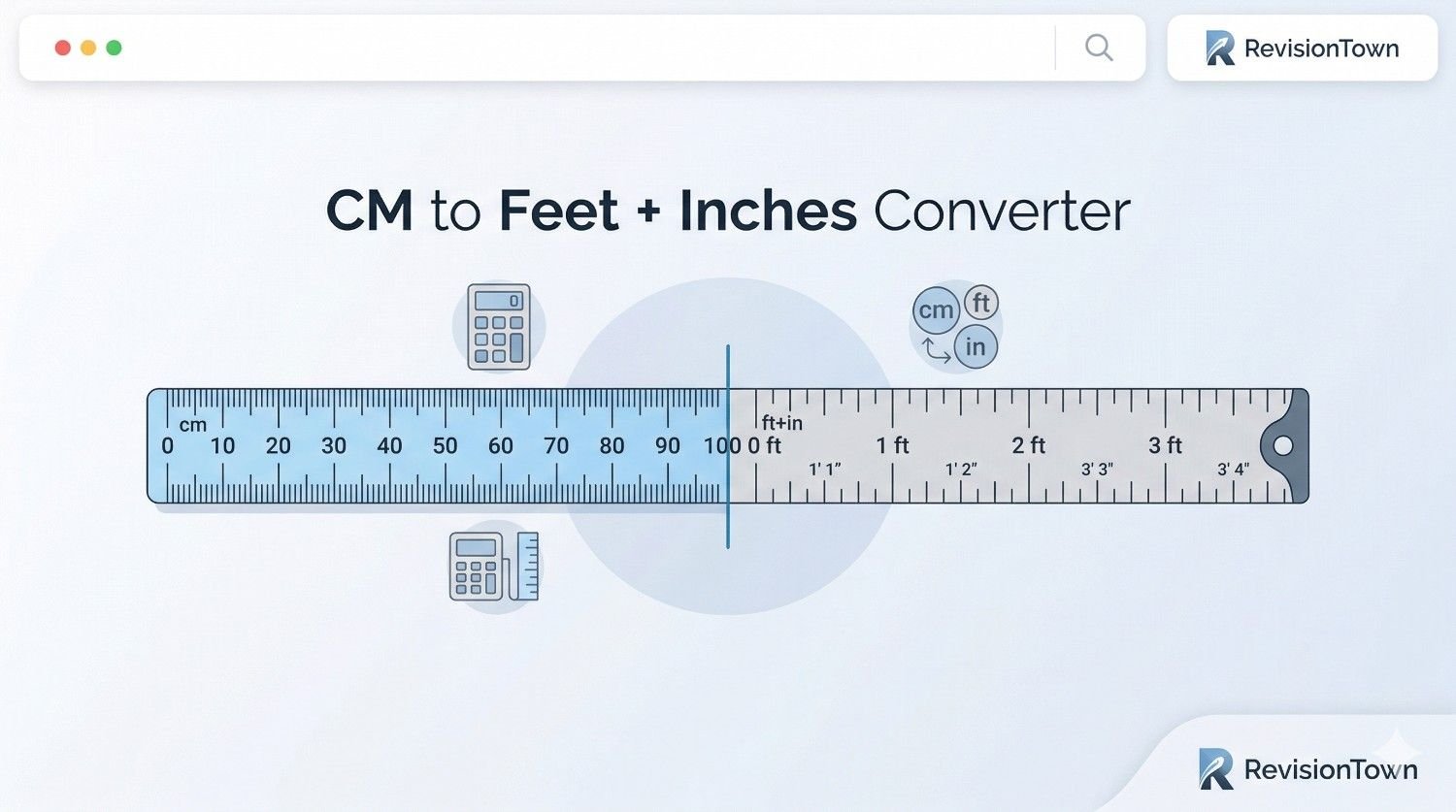 CM to Feet and Inches Converter feature image showing metric to imperial measurement conversion for RevisionTown