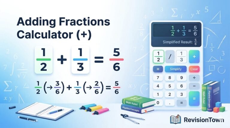 Adding fractions calculator tool for students — step-by-step visual of adding fractions online, featured by RevisionTown.