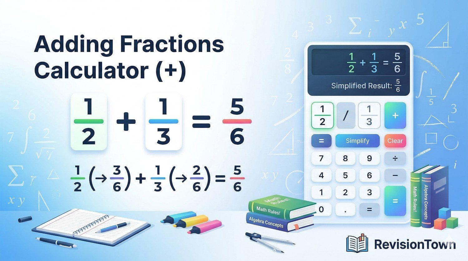 Adding fractions calculator tool for students — step-by-step visual of adding fractions online, featured by RevisionTown.