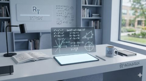 Algebra study concept with mathematical symbols, formulas, and graphs for homework and revision — educational mathematics illustration for RevisionTown.