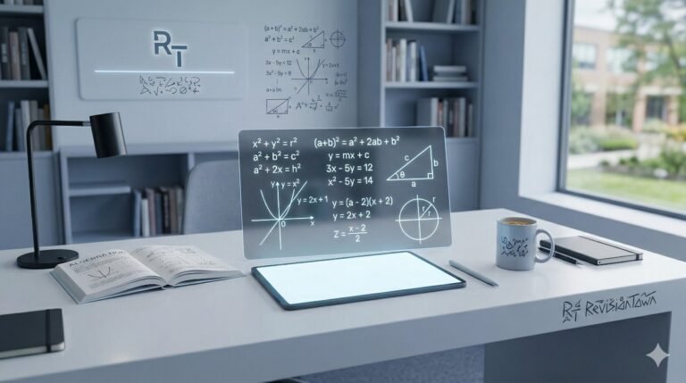 Algebra study concept with mathematical symbols, formulas, and graphs for homework and revision — educational mathematics illustration for RevisionTown.