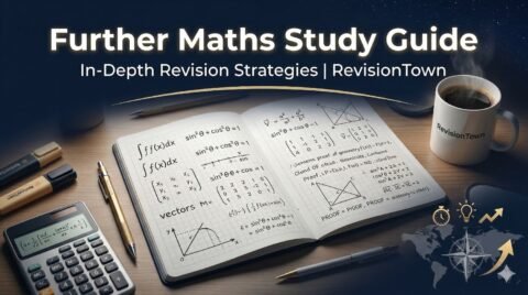 Further Maths Study Guide cover with notebook of calculus formulas and RevisionTown revision strategies.