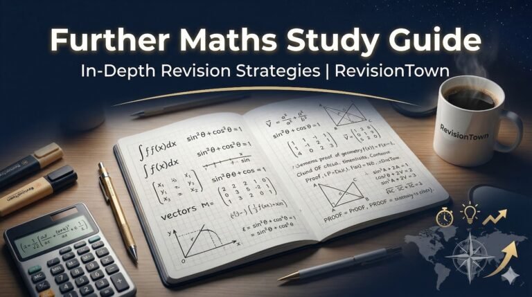Further Maths Study Guide cover with notebook of calculus formulas and RevisionTown revision strategies.