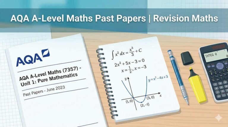 AQA A-Level Maths past papers and revision study setup on a clean desk with formulas, a notebook, and a calculator, symbolizing effective exam preparation for AQA A-Level Mathematics.