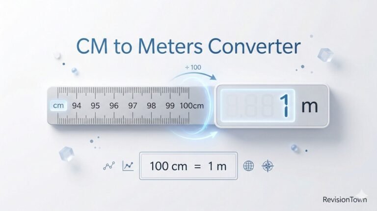 Centimeter to meter converter graphic showing digital measuring scale and conversion chart by RevisionTown