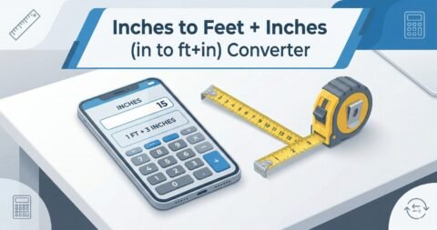 Inches to Feet and Inches conversion calculator illustration showing digital calculator and measuring tools on clean background