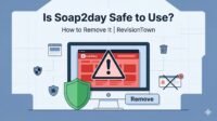 Safe warning illustration for the article “Is Soap2day Safe to Use – How to Remove it? | RevisionTown” showing a blocked Soap2day website, antivirus shield, and removal guidance.