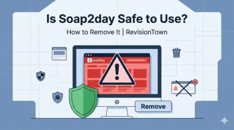 Safe warning illustration for the article “Is Soap2day Safe to Use – How to Remove it? | RevisionTown” showing a blocked Soap2day website, antivirus shield, and removal guidance.