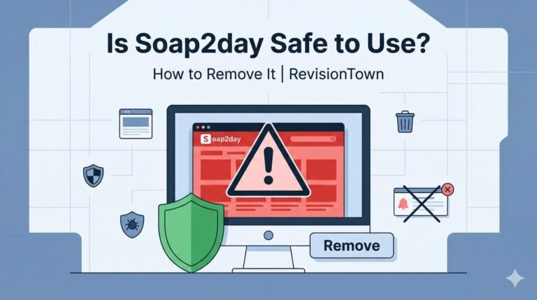 Safe warning illustration for the article “Is Soap2day Safe to Use – How to Remove it? | RevisionTown” showing a blocked Soap2day website, antivirus shield, and removal guidance.