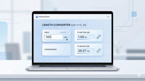 Online length converter interface converting centimeters to meters and inches on RevisionTown in a clean blue web layout