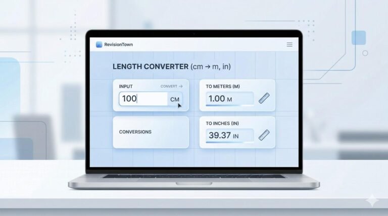 Online length converter interface converting centimeters to meters and inches on RevisionTown in a clean blue web layout