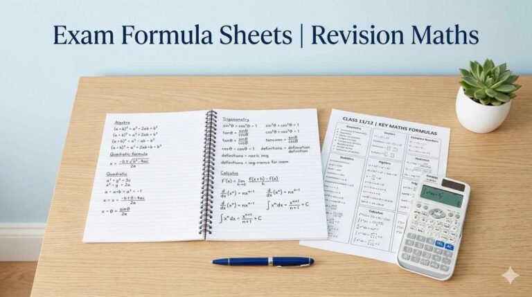 Exam maths formula revision sheet with notebook, calculator, and pen on a clean study desk for students preparing for board or entrance exams.