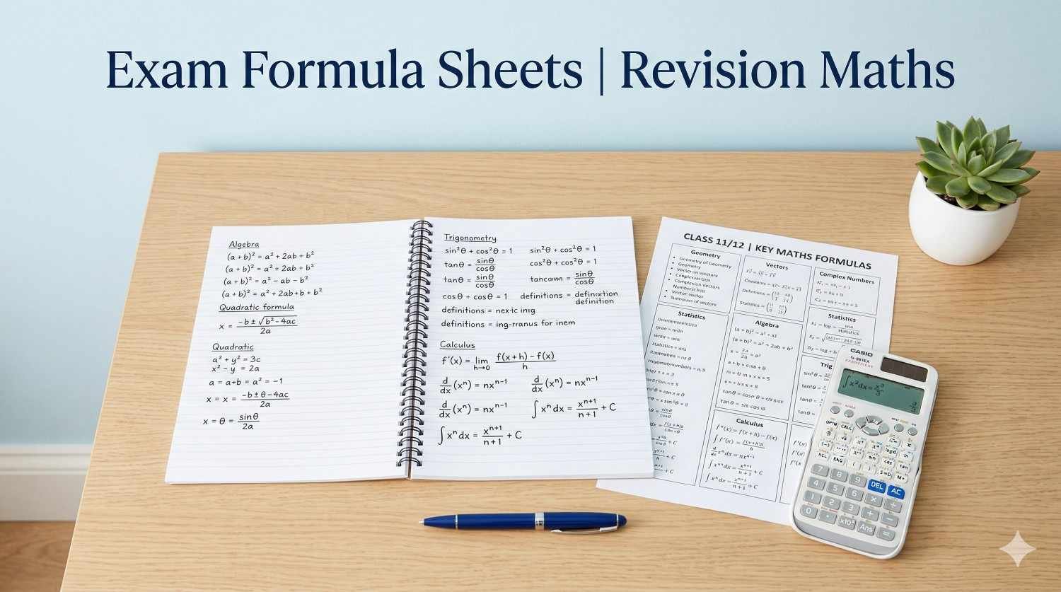 Exam maths formula revision sheet with notebook, calculator, and pen on a clean study desk for students preparing for board or entrance exams.