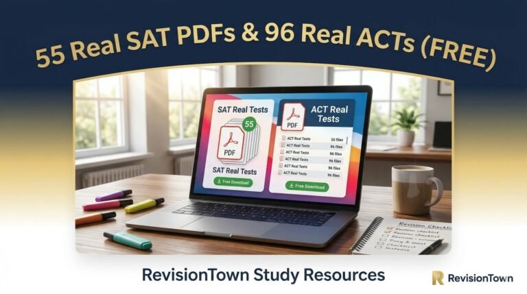 Professional featured image of open laptop displaying 55 free real SAT PDFs and 96 real ACT tests from RevisionTown on study desk.