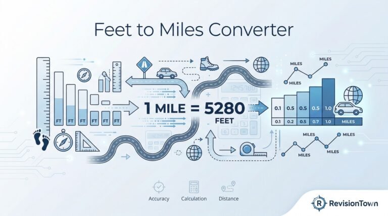 Feet to miles (ft to mi) online converter banner by RevisionTown – accurate distance conversion tool illustration
