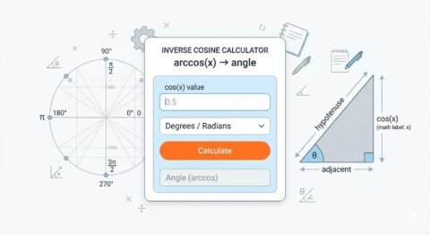 Inverse cosine calculator (arccos x) interface with unit circle and right‑angled triangle on a clean white background