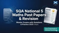 SQA National 5 Maths past papers revision banner with exam solutions and practice sheets for 2025