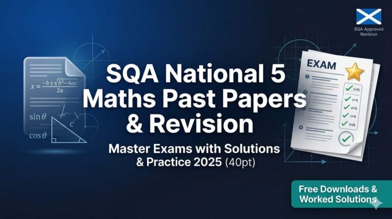 SQA National 5 Maths past papers revision banner with exam solutions and practice sheets for 2025