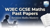 Professional banner for WJEC GCSE Maths past papers and revision resources, featuring exam papers, math equations, graphs, calculator icons, and student silhouette on blue gradient background.
