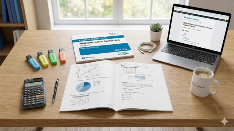 Pearson Edexcel GCSE Statistics past paper with graphs and revision notes on a clean desk for maths exam prep