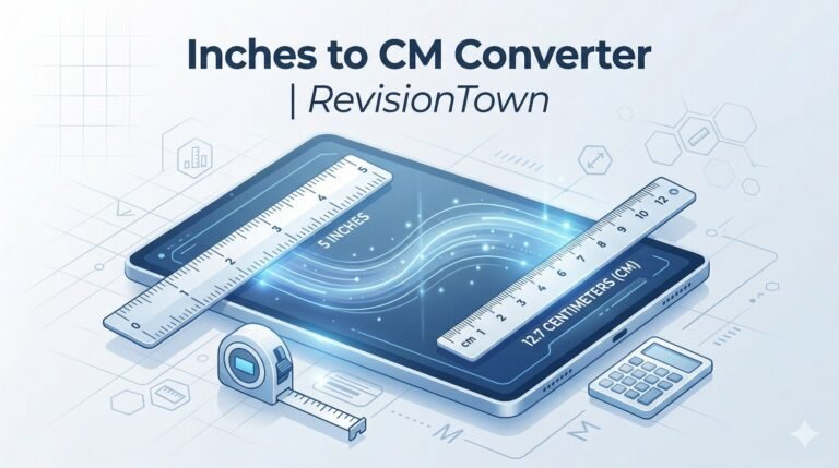 Professional Inches to CM Converter illustration with digital measuring tools and conversion scale – RevisionTown