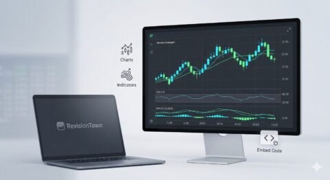Free financial chart widget for technical analysis on the RevisionTown website, showing candlestick chart with indicators like RSI and MACD.