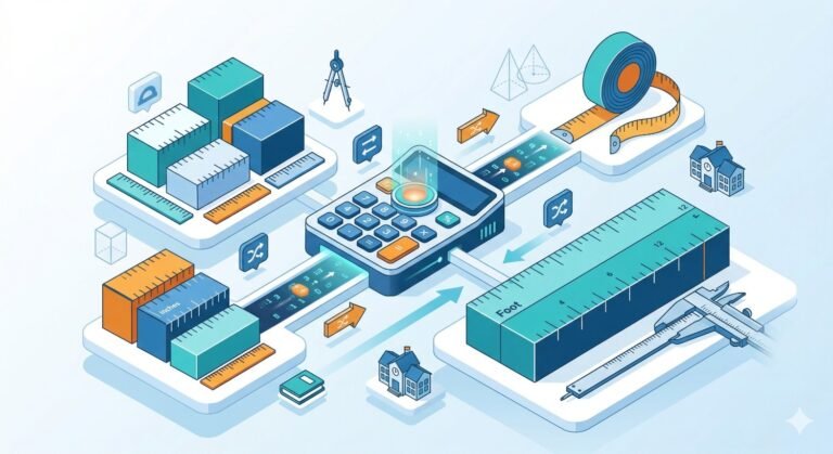 Inches to Feet conversion calculator concept with ruler and calculator icons representing unit measurement formula.