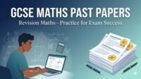GCSE Maths past papers for effective revision maths practice, featuring exam sheets, equations, and student studying for top grades