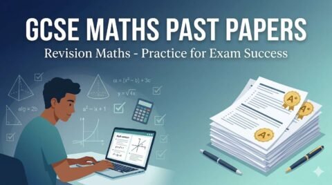 GCSE Maths past papers for effective revision maths practice, featuring exam sheets, equations, and student studying for top grades