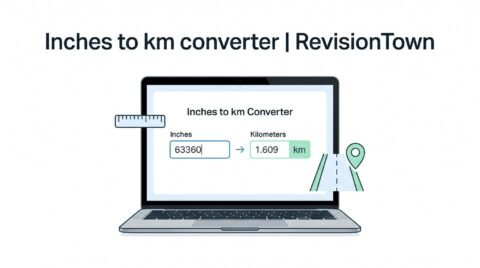 Inches to km converter interface on a laptop showing inches to kilometers calculation for a RevisionTown blog post.