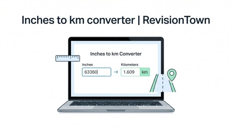 Inches to km converter interface on a laptop showing inches to kilometers calculation for a RevisionTown blog post.