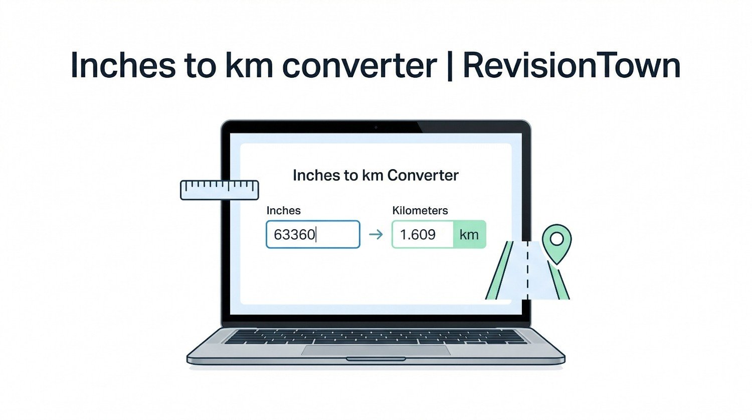 Inches to km converter interface on a laptop showing inches to kilometers calculation for a RevisionTown blog post.