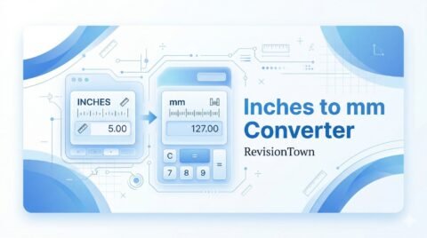 Professional inches to millimeters converter banner showing ruler, calculator, and RevisionTown logo in modern design