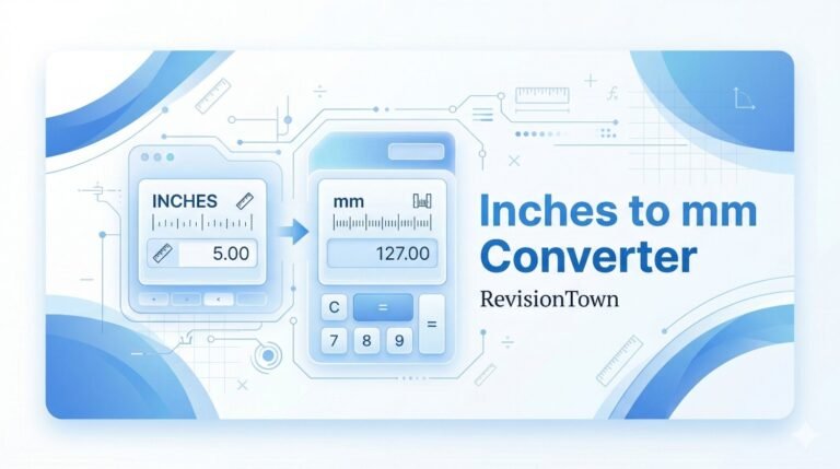 Professional inches to millimeters converter banner showing ruler, calculator, and RevisionTown logo in modern design